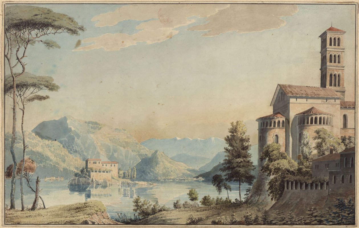 Koriste yleiseen käyttöön. Maisema, jossa on järvi ja kirkko tekijältä Karl Friedrich Schinkel