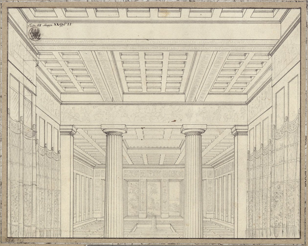 Dido. Bernhard Kleinin ooppera. Luonnos 3. lavastusta varten. Huone palatsissa tekijältä Karl Friedrich Schinkel