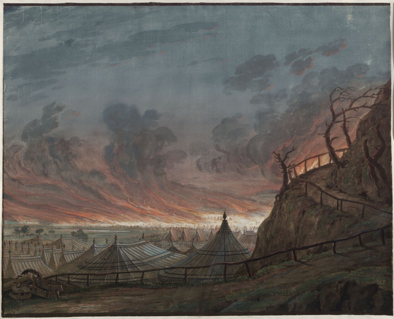 Orléansin neitsyt. Friedrich Schillerin murhenäytelmä. Luonnos 4. lavastusta varten. Englantilaisten palava leiri tekijältä Karl Friedrich Schinkel