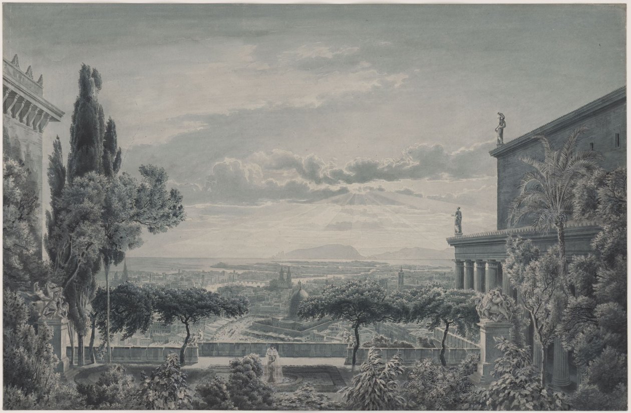 Ruhtinaan residenssi. Ruhtinasparin yksityispuutarha, josta avautuu näkymä kaupunkiin ja merelle tekijältä Karl Friedrich Schinkel