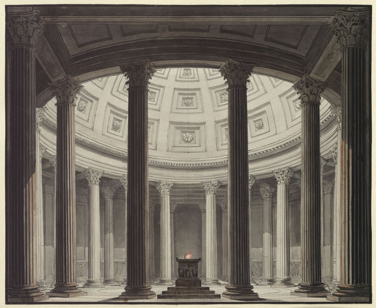Vestaali. Gaspare Spontinin ooppera. Luonnos 2. lavastusta varten. Näkymä Vestan temppeliin tekijältä Karl Friedrich Schinkel