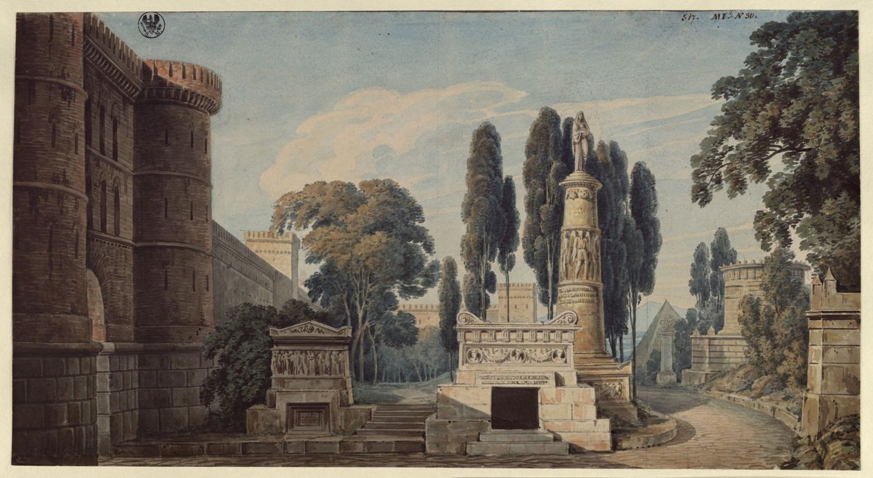 Vestaalitar. Gaspare Spontinin ooppera. Luonnos 3. lavastusta varten. Näkymä antiikin roomalaiselle hautakadulle tekijältä Karl Friedrich Schinkel