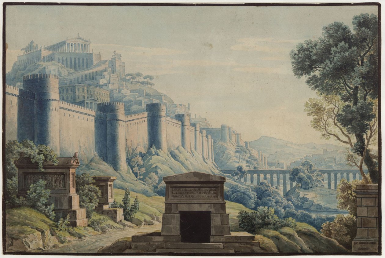 Vestalin. Gaspare Spontinin ooppera. Luonnos kolmanteen lavastukseen. Antiikkityylinen kaupunki vuoren rinteellä korkeiden muurien takana tekijältä Karl Friedrich Schinkel