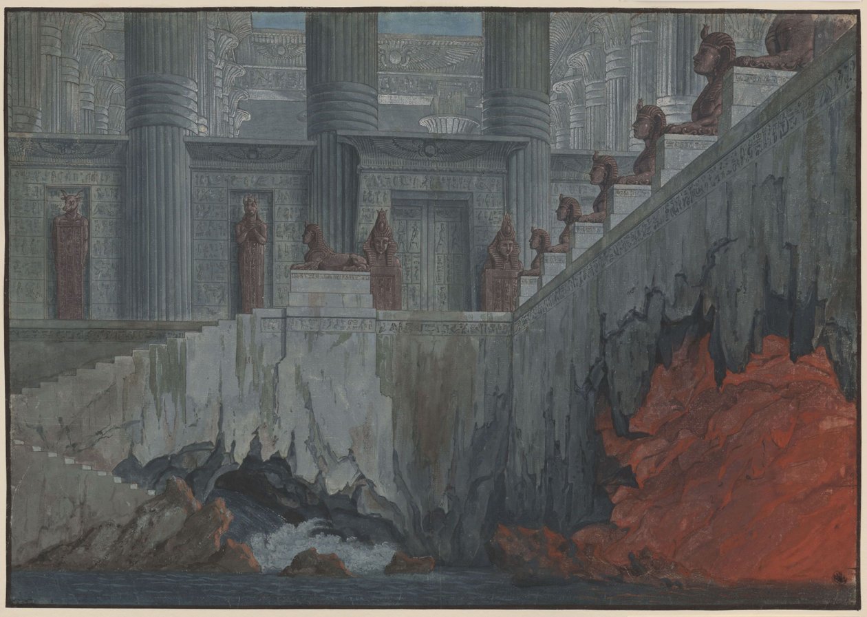 Taikahuilu. Wolfgang Amadeus Mozartin ooppera. Luonnos 11. lavastusta varten. Tulen ja veden temppeli tekijältä Karl Friedrich Schinkel