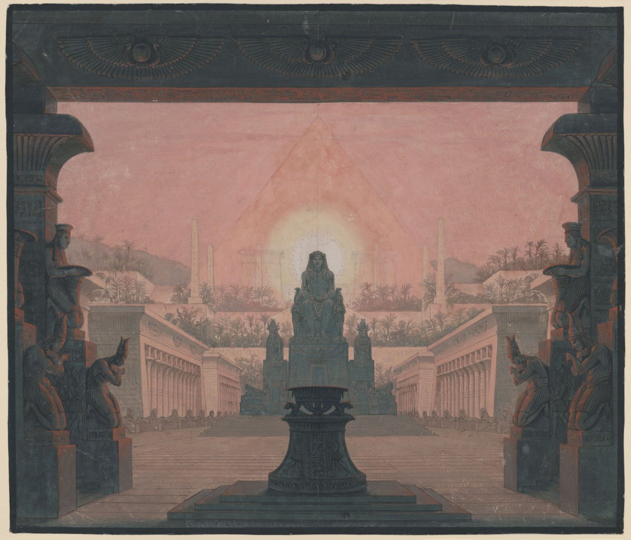 Taikahuilu. Wolfgang Amadeus Mozartin ooppera. Luonnos 12. lavastusta varten. Sarastron auringontemppeli tekijältä Karl Friedrich Schinkel