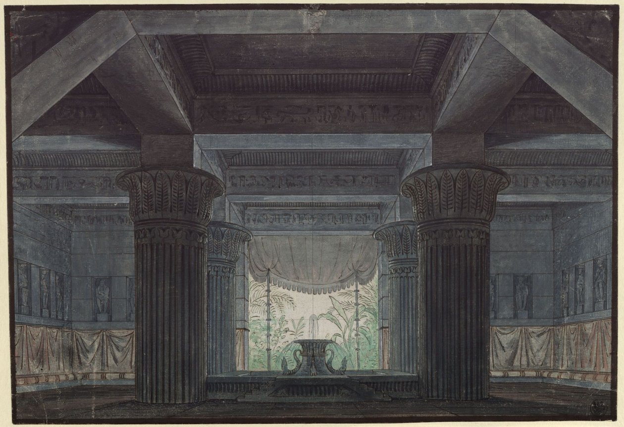 Taikahuilu. Wolfgang Amadeus Mozartin ooppera. Luonnos 3. lavastusta varten. Sali Sarastron linnassa tekijältä Karl Friedrich Schinkel