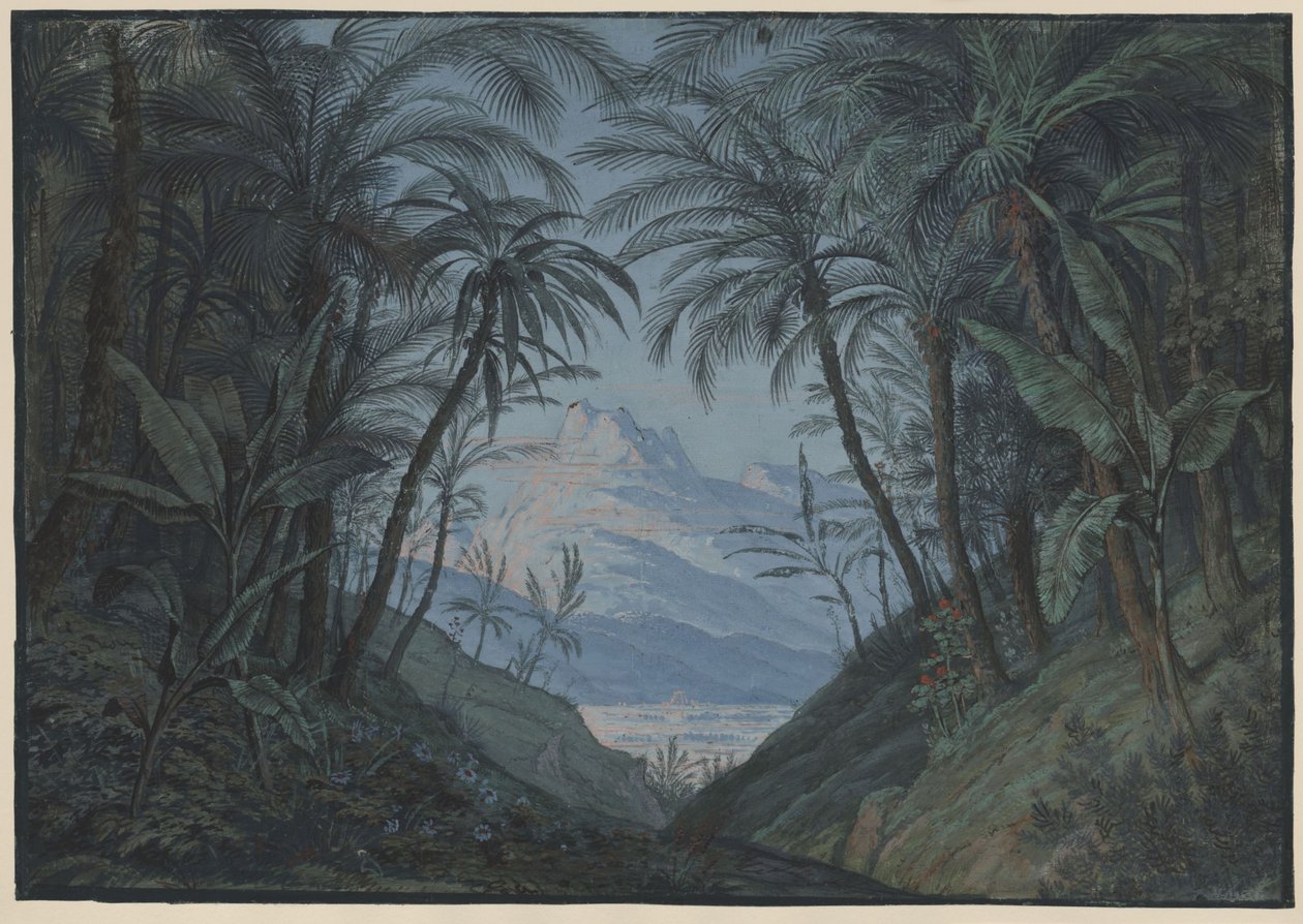 Taikahuilu. Wolfgang Amadeus Mozartin ooppera. Luonnos 5. lavastukseen. Palmuja kasvava metsä, pappien kokoontumispaikka tekijältä Karl Friedrich Schinkel