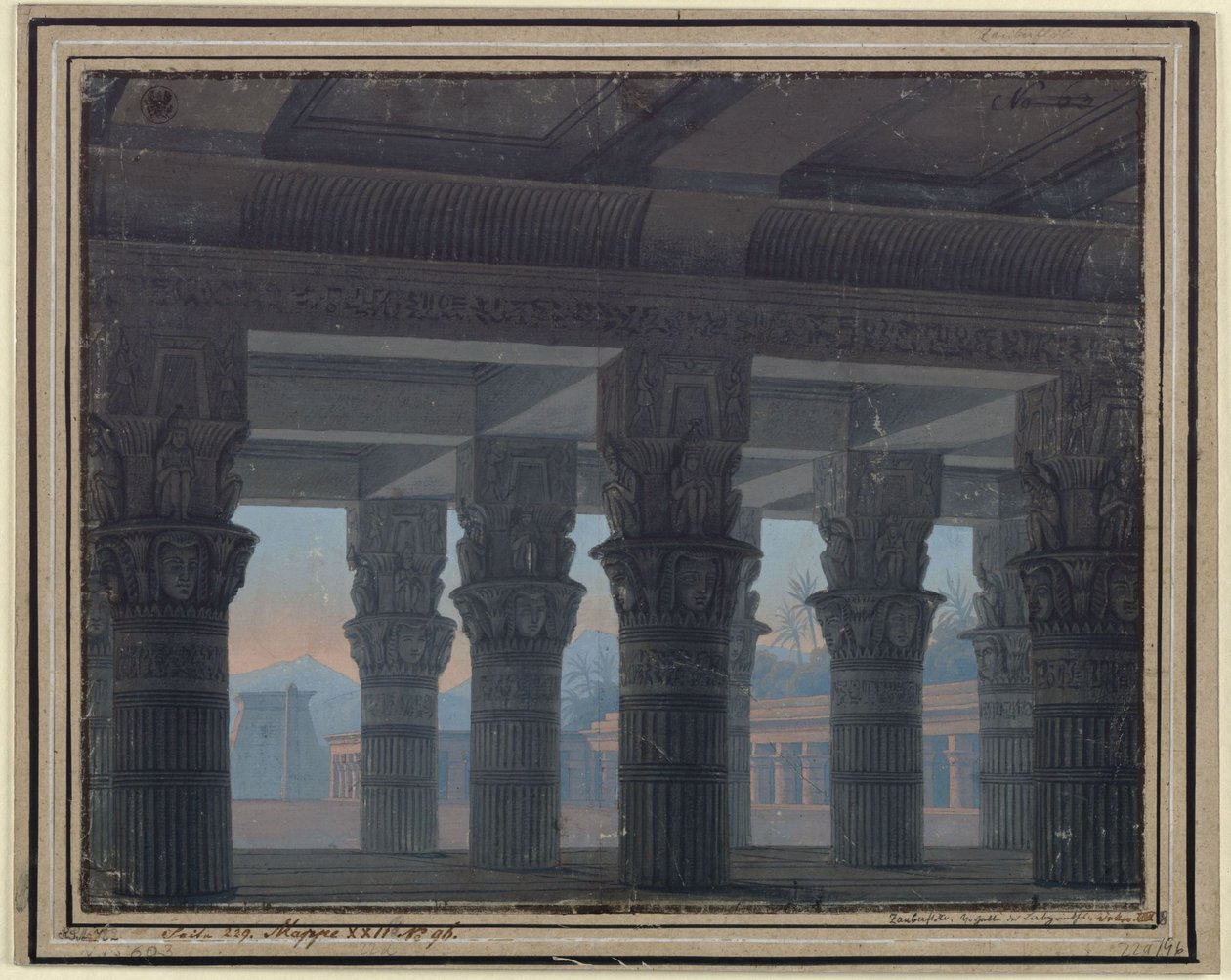 Taikahuilu. Wolfgang Amadeus Mozartin ooppera. Luonnos 8. lavastusta varten. Labyrintin eteishalli tekijältä Karl Friedrich Schinkel