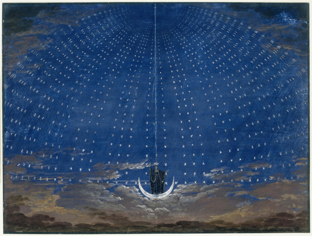 Taikahuilu. Wolfgang Amadeus Mozartin ooppera. Lavastussuunnitelma. Yön kuningattaren tähtisali tekijältä Karl Friedrich Schinkel