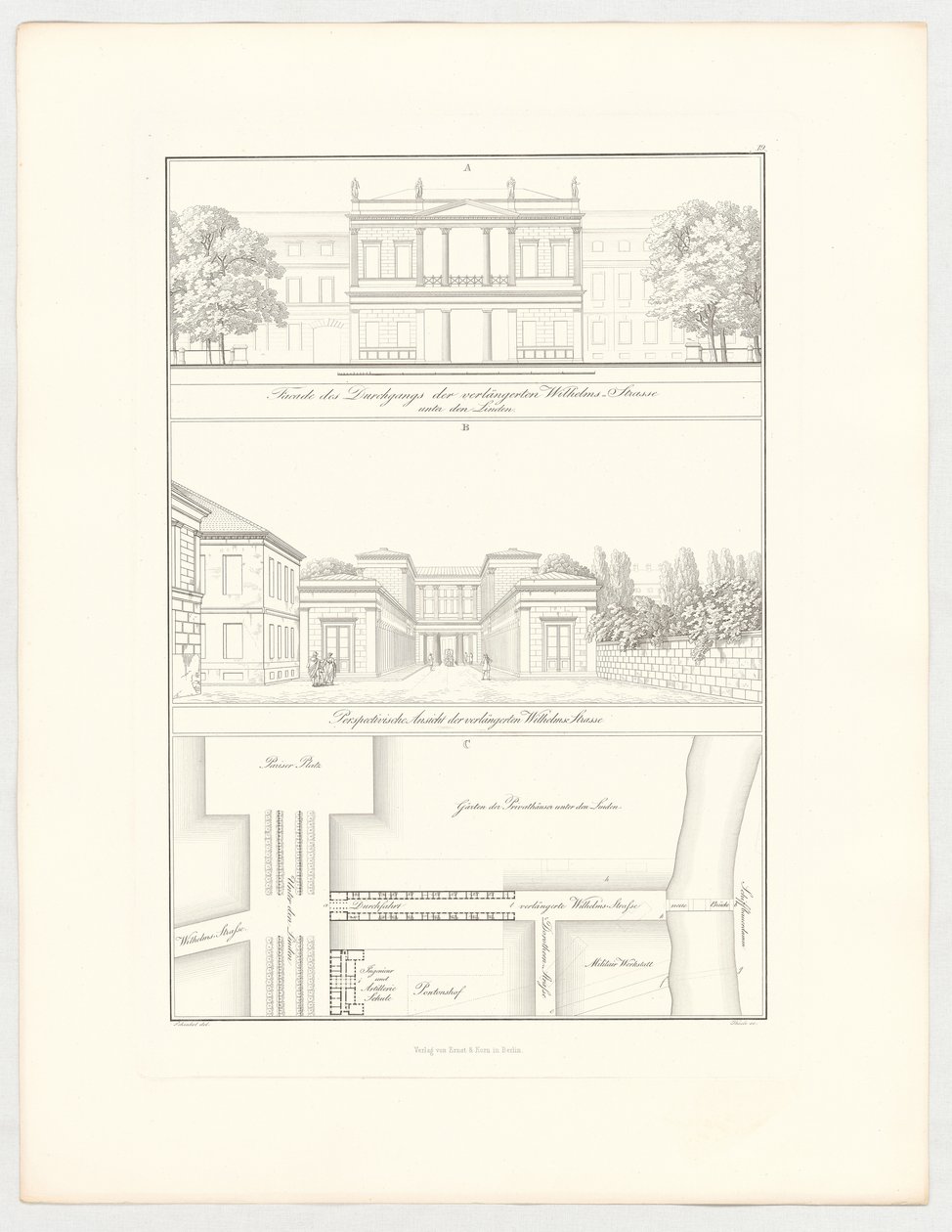 Pidennetty Wilhelmsstraße, lehti 19 sarjasta "Arkkitehtonisten suunnitelmien kokoelma" tekijältä Karl Friedrich Schinkel