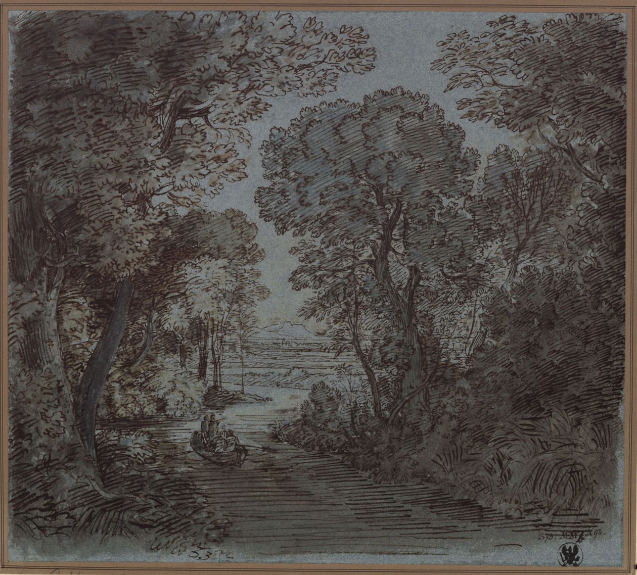Joki puiden alla, josta avautuu näkymä kaukana sijaitsevalle vuorelle tekijältä Karl Friedrich Schinkel