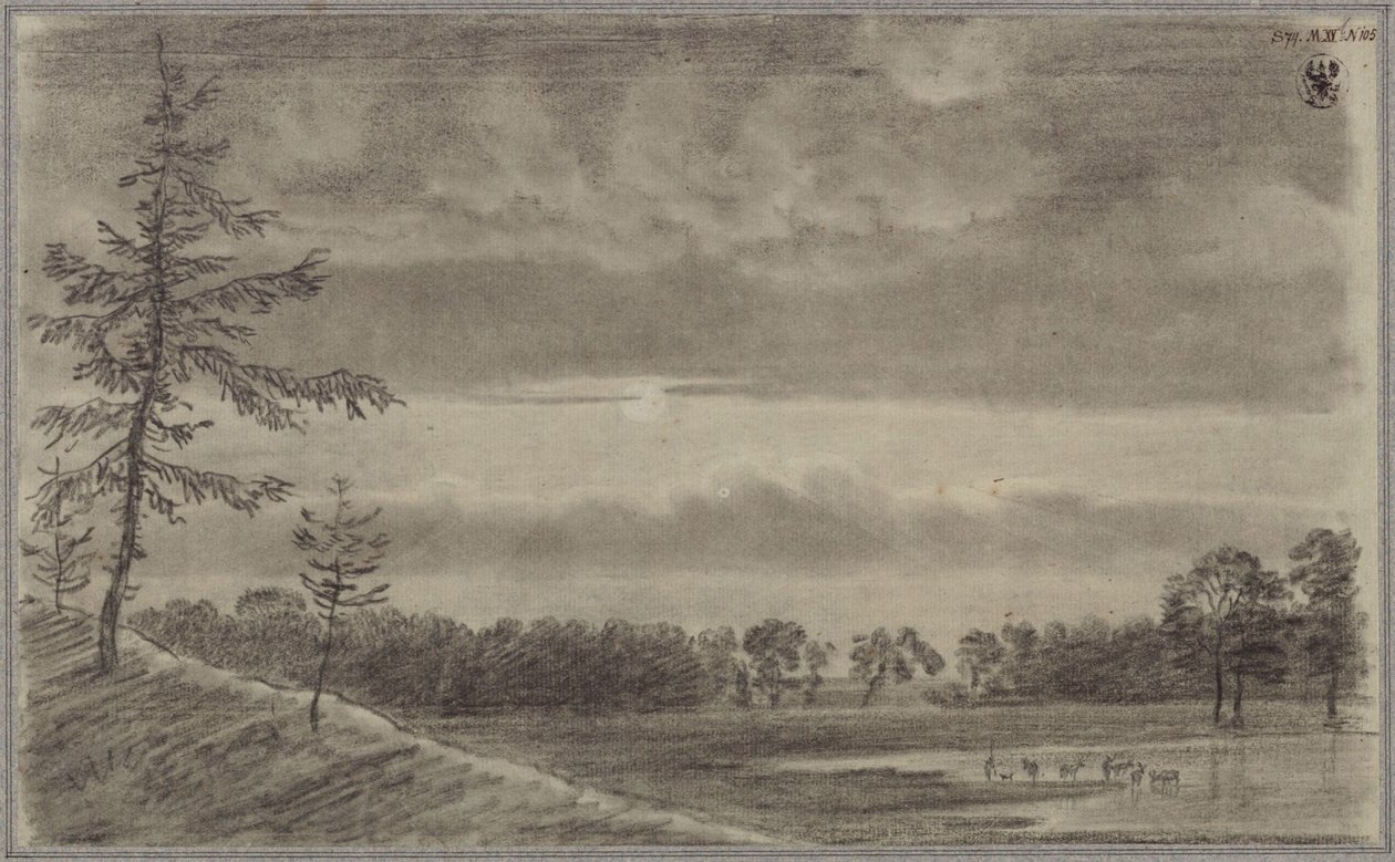 Laidun, jossa on puita ja karjaa tekijältä Karl Friedrich Schinkel