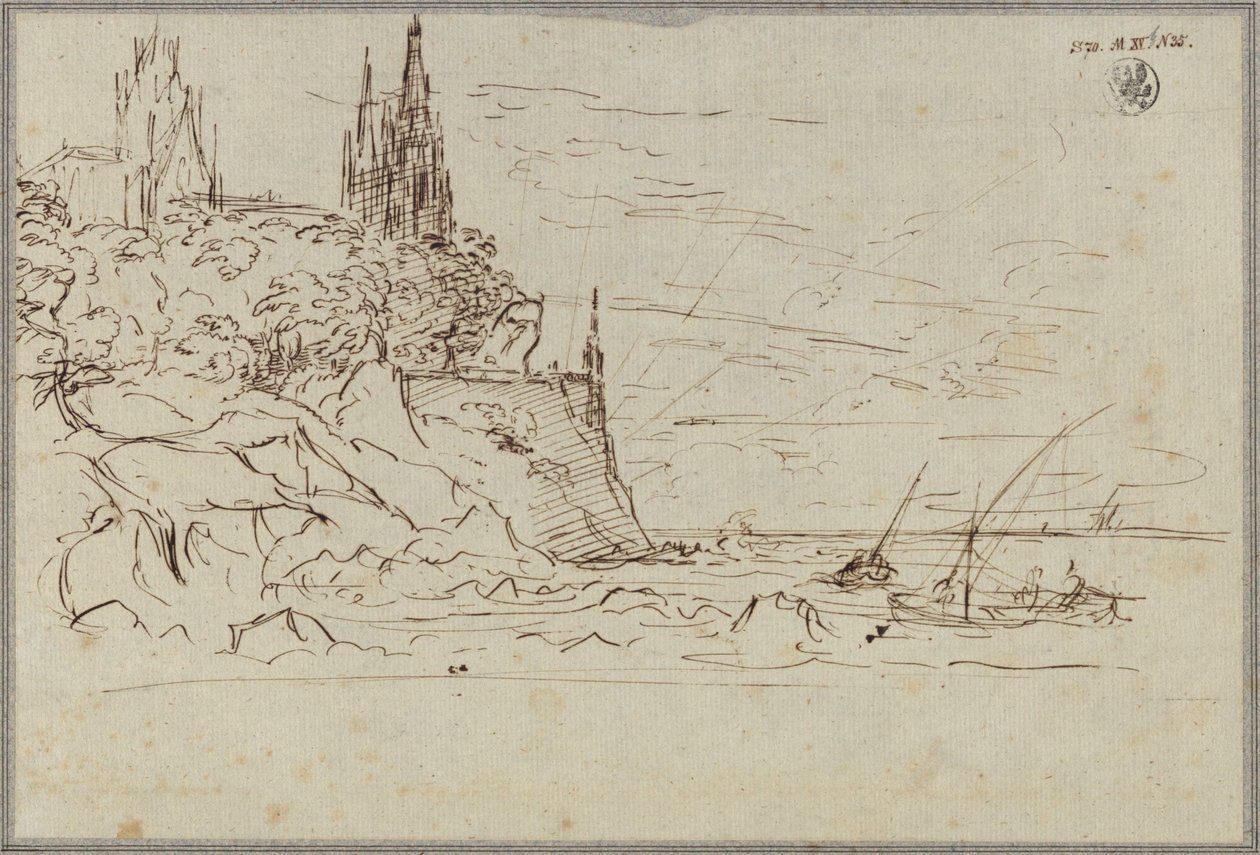 Goottilainen kirkko jyrkällä merenrannikolla tekijältä Karl Friedrich Schinkel