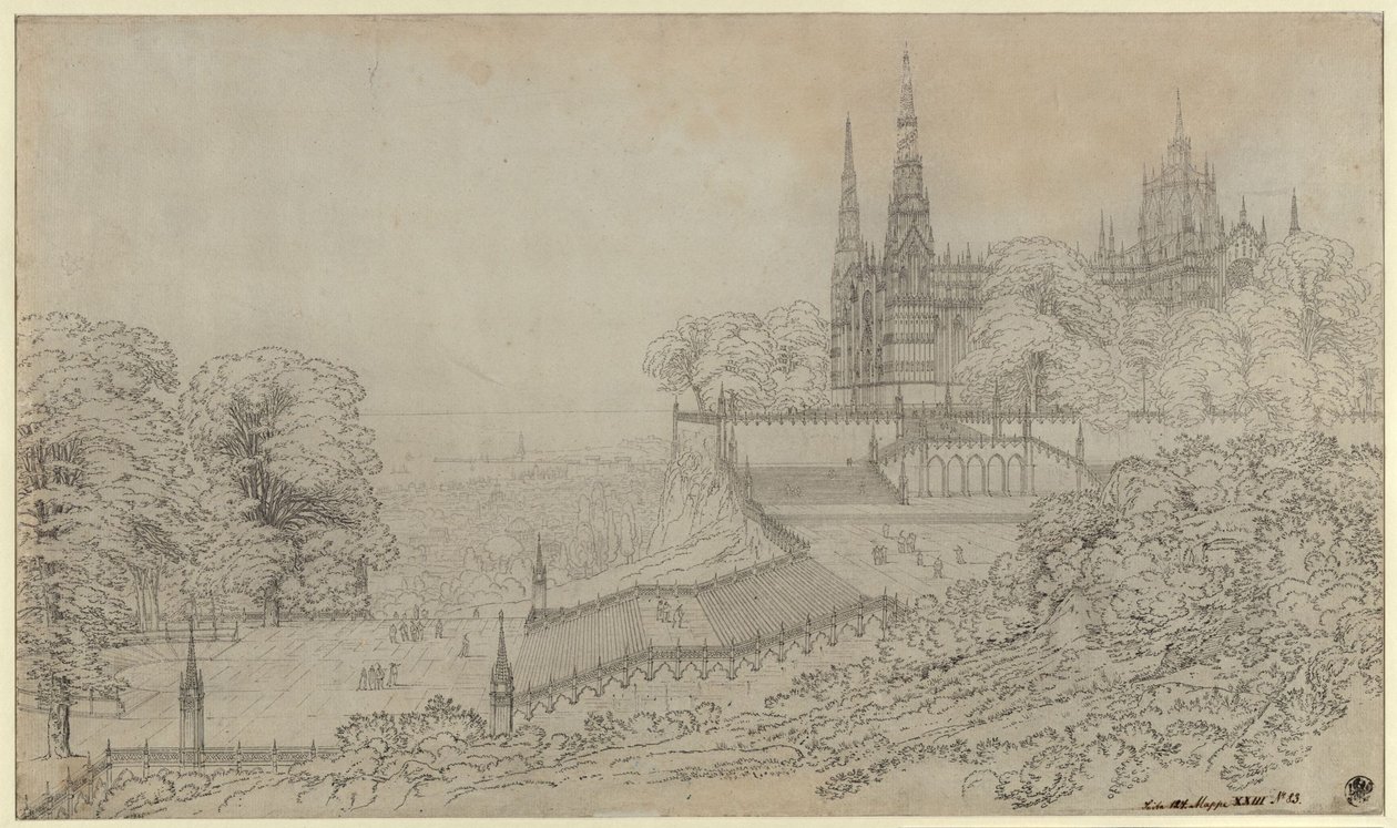"Luonnos teatterilavastukseksi, katedraalikirkko kukkulalla suuren merenrantakaupungin yläpuolella" / Suuri sommitelma, joka tulisi sijoittaa Milanon tuomiokirkon tavoin tekijältä Karl Friedrich Schinkel