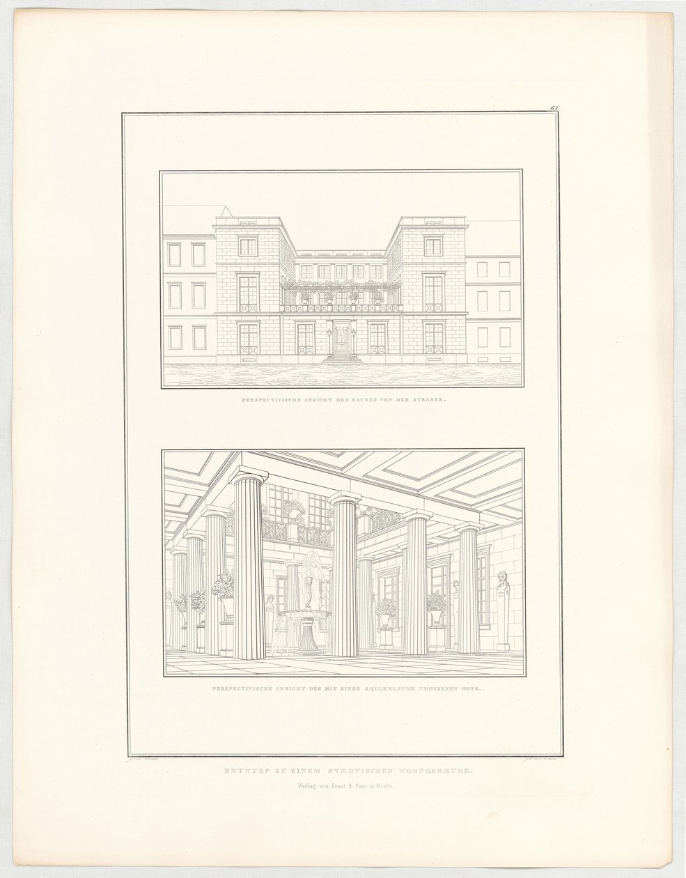Kaupunkitalon suunnitelma, sivu 67 sarjasta ”Arkkitehtonisten suunnitelmien kokoelma” tekijältä Karl Friedrich Schinkel