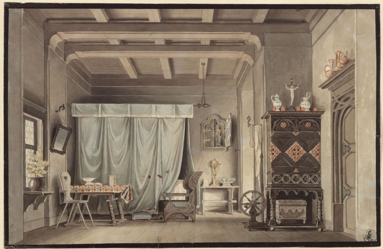 Faust. Johann Wolfgang von Goethen näytelmä. Lavastusluonnos. Gretchenin huone tekijältä Karl Friedrich Schinkel
