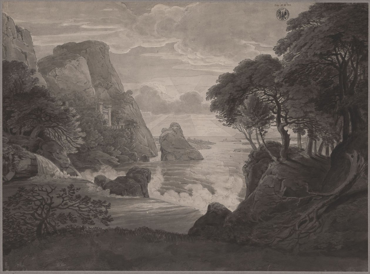 Kallioinen rannikkomaisema ja linna tekijältä Karl Friedrich Schinkel