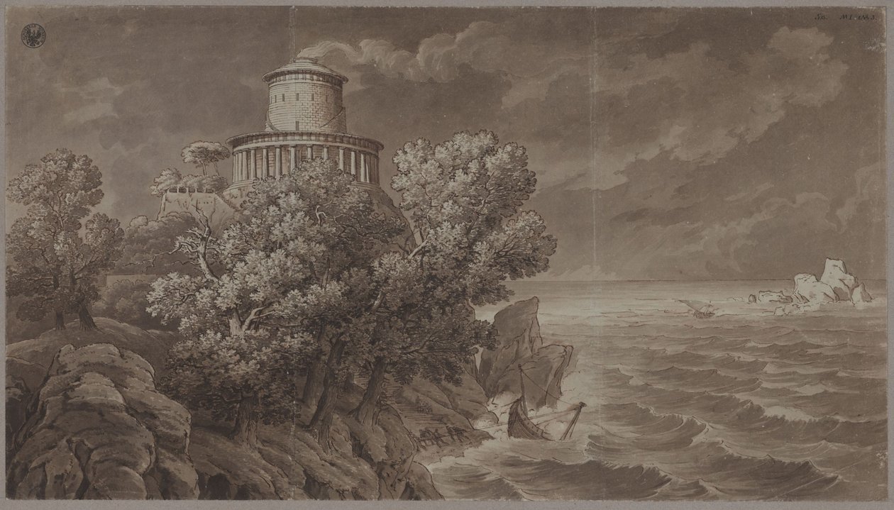 Kallioinen merenrannikko ja antiikkia jäljittelevä majakka, meren ollessa levoton tekijältä Karl Friedrich Schinkel