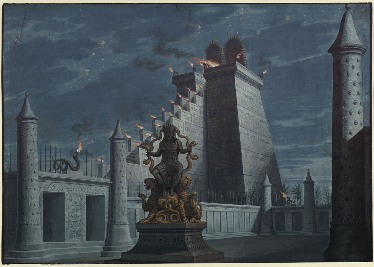 Fernand Cortez, eli: Meksikon valloitus. Gaspare Spontinin ooppera. Luonnos ensimmäiseen lavastukseen. Intiaanien tulitemppeli tekijältä Karl Friedrich Schinkel