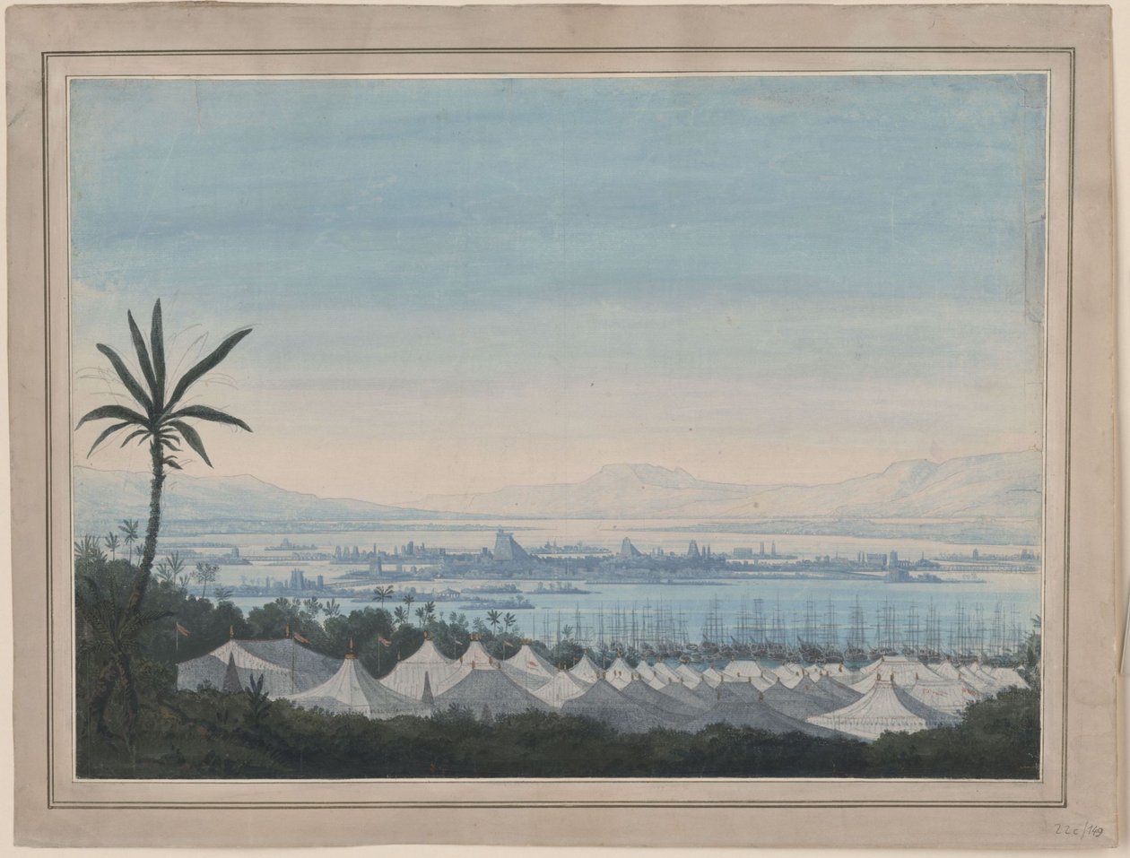 Fernand Cortez eli Meksikon valloitus. Gaspare Spontinin ooppera. Luonnos 2. lavastusta varten. Näkymä Méxicon kaupunkiin ja espanjalaisten leiriin tekijältä Karl Friedrich Schinkel