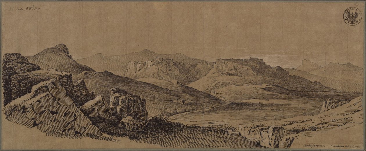 ”Castro Giovannin linnoitus Sisilian keskellä” / Näkymä Ennaan Sisiliassa tekijältä Karl Friedrich Schinkel