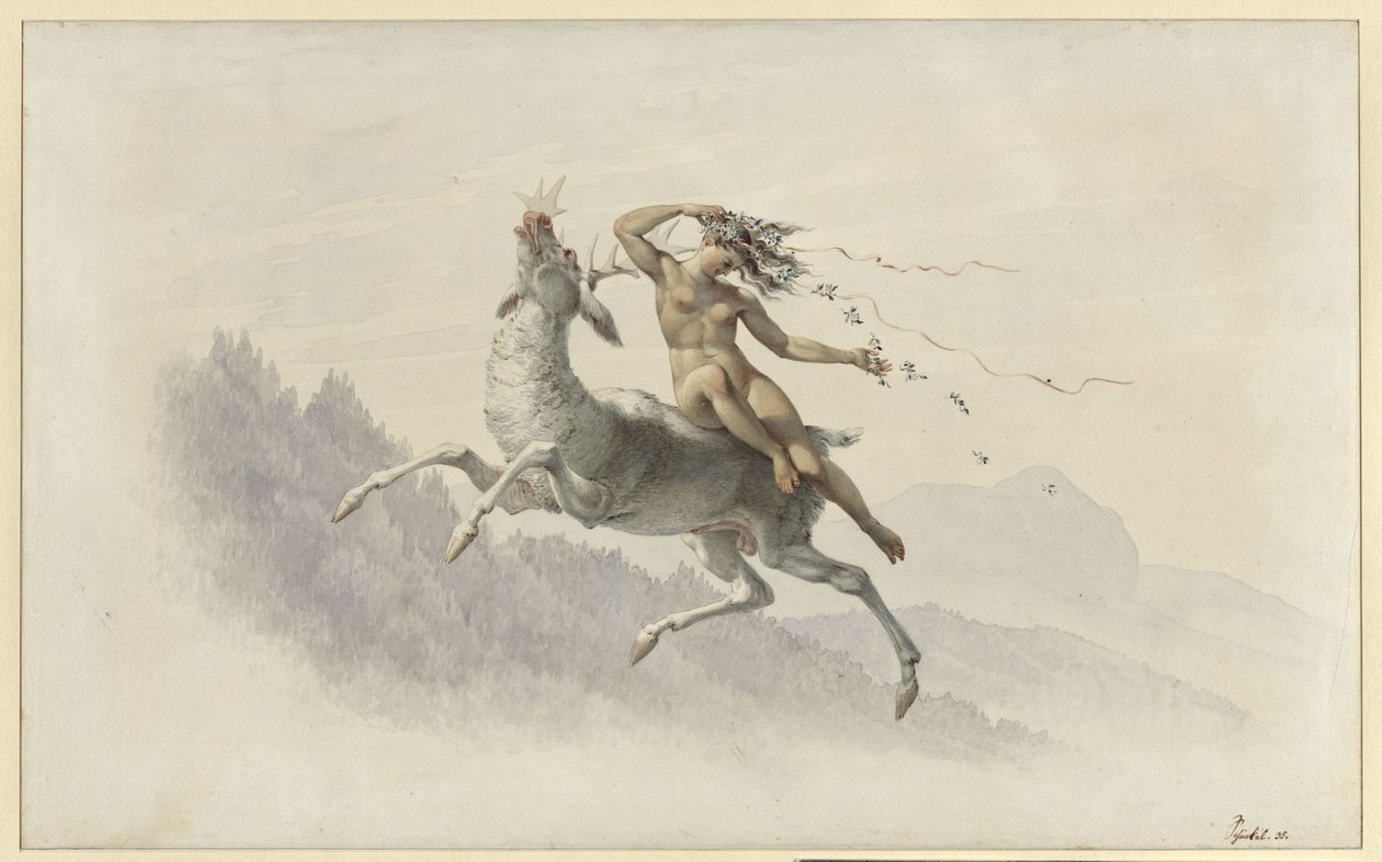 Nainen ilmassa leijuvan hirven selässä tekijältä Karl Friedrich Schinkel