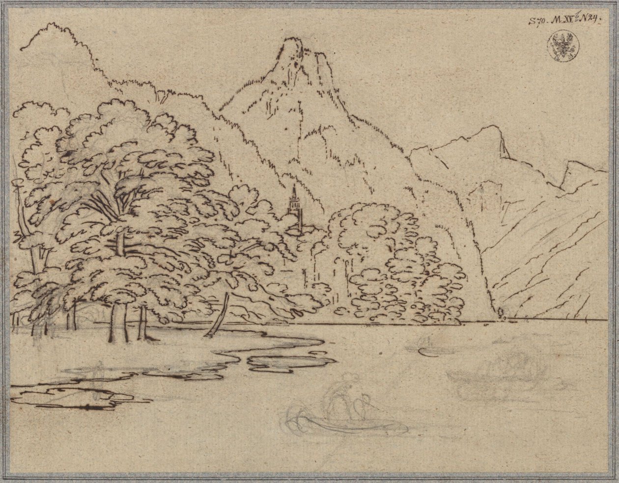 Vuoristomaisema järven kera, luultavasti Traunsee ja Kleiner Sonnstein tekijältä Karl Friedrich Schinkel