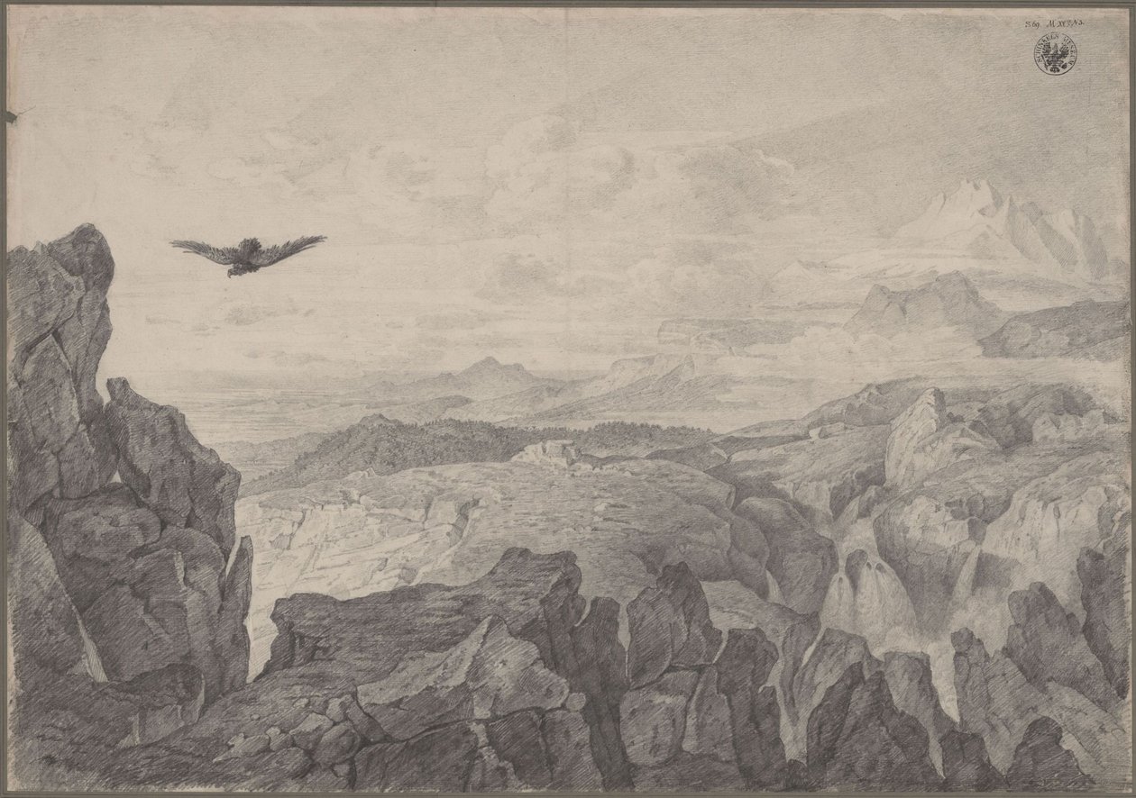 Vuoristomaisema, jossa leijuu kotka tekijältä Karl Friedrich Schinkel