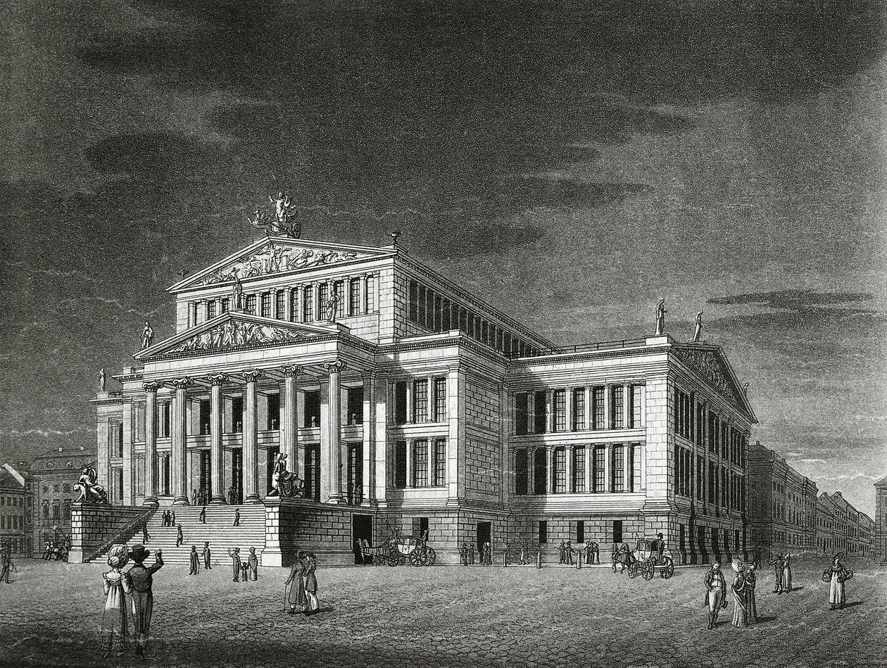 Saksa, Berliini, Näkymä Schauspielhausille (konserttisalille), kaiverrus Karl Friedrich Schinkels (1781-1841) tekijältä Karl Friedrich Schinkel
