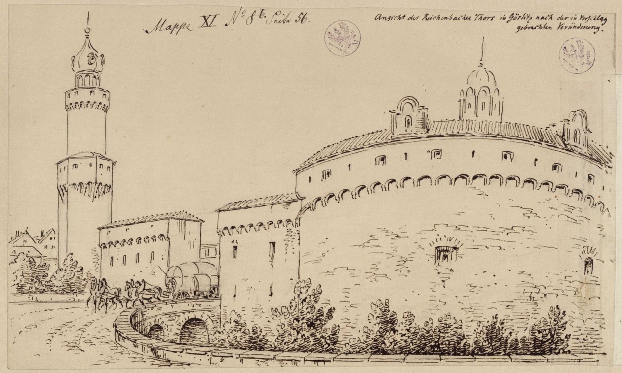 Görlitz. Näkymä Kaisertrutzista ja Reichenbacher-portista tekijältä Karl Friedrich Schinkel