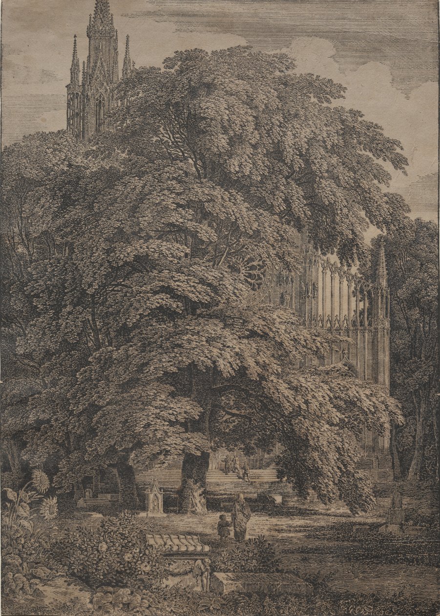 Goottilainen kirkko Oaksin keskellä tekijältä Karl Friedrich Schinkel