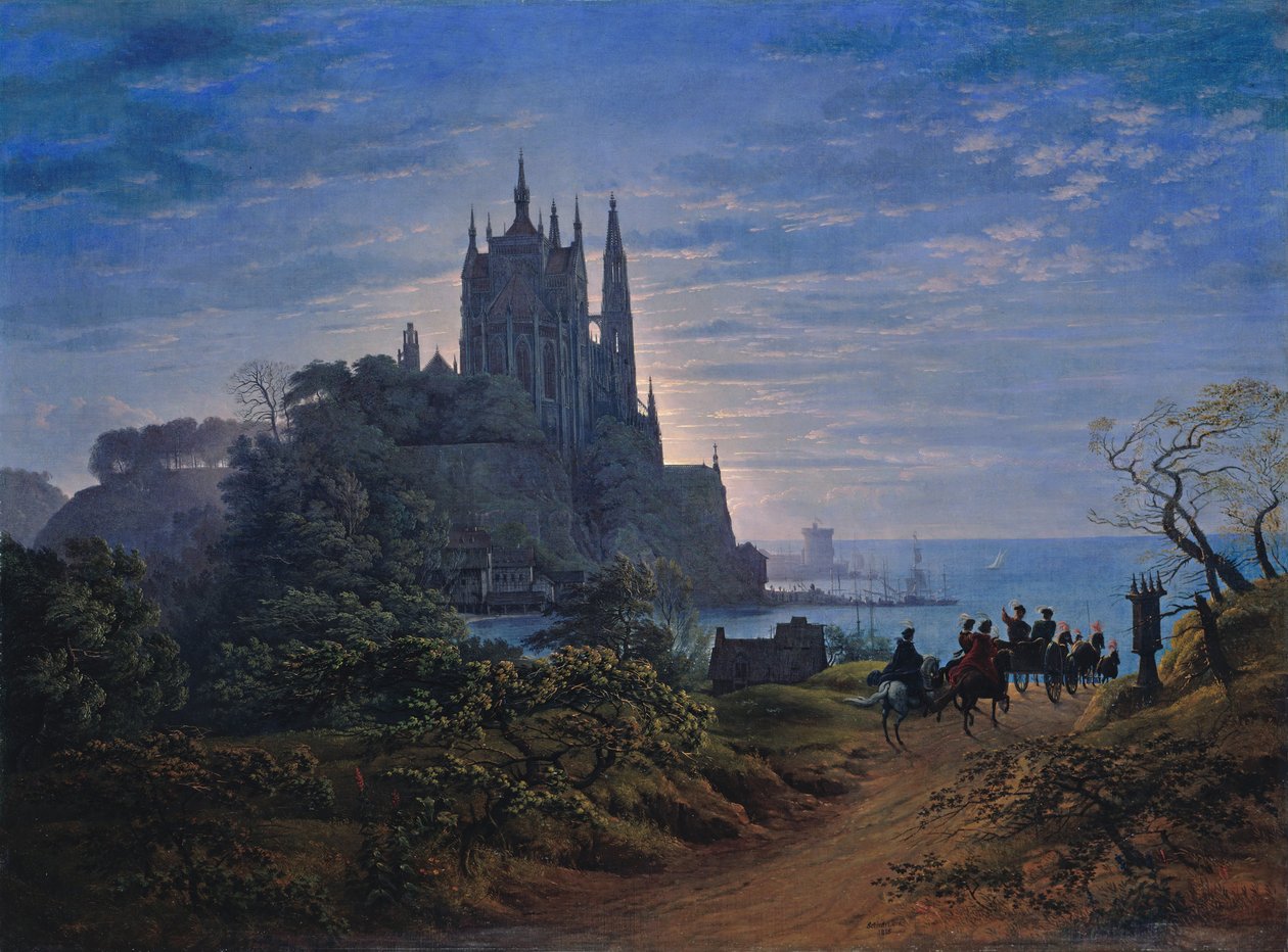 Goottilainen kirkko merenrantakallion päällä tekijältä Karl Friedrich Schinkel