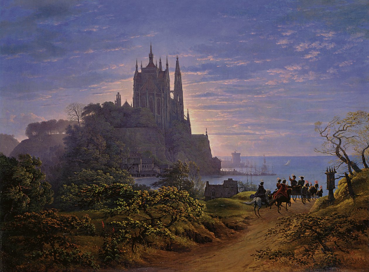 Goottilainen kirkko kalliolla meren rannalla tekijältä Karl Friedrich Schinkel