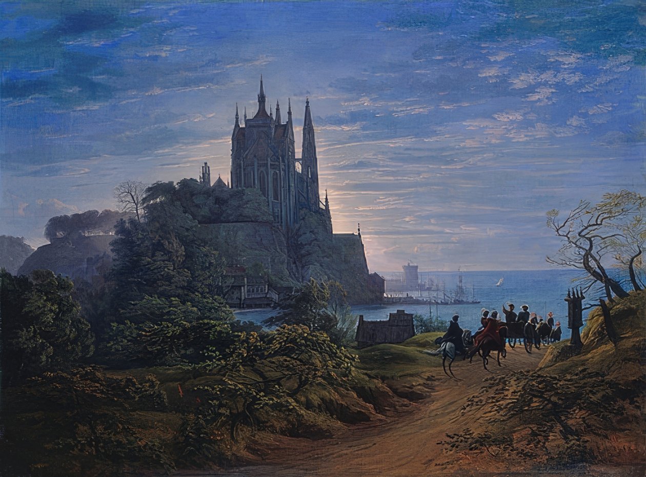 Goottilainen kirkko kalliolla meren rannalla. 1815 tekijältä Karl Friedrich Schinkel