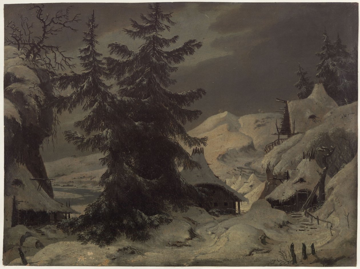 Kreivi Benjowski eli salaliitto Kamtšatkassa. August von Kotzebuen näytelmä. Luonnos toiseen lavastukseen. Kylä lumisessa maisemassa tekijältä Karl Friedrich Schinkel