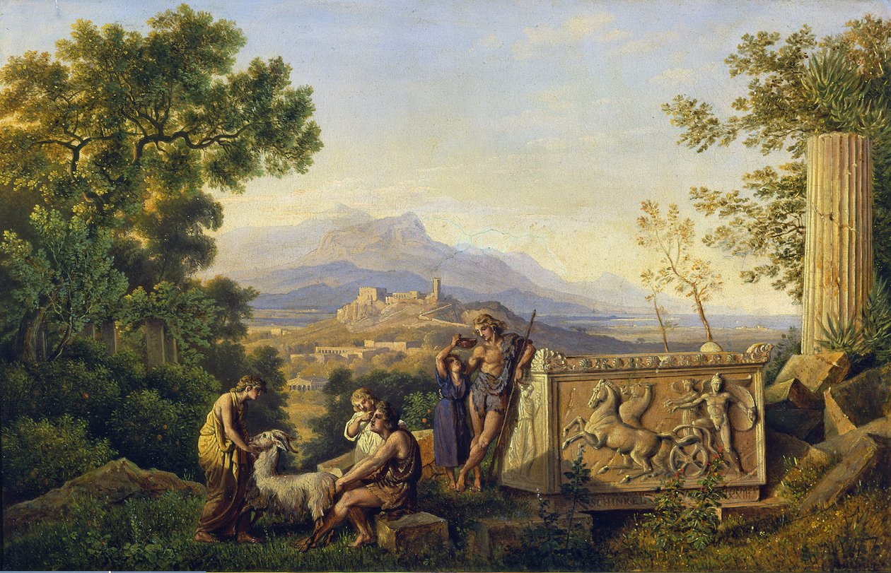Kreikkalainen ihannemaisema, jossa paimenet lepäävät tekijältä Karl Friedrich Schinkel