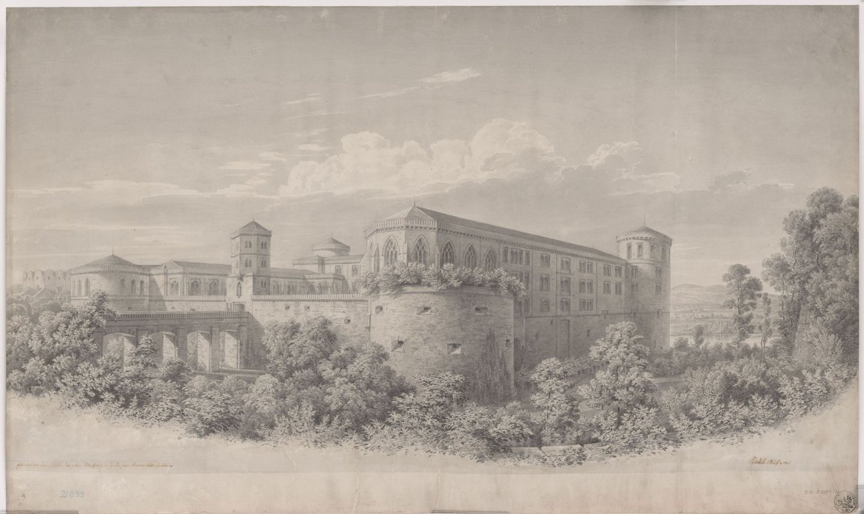 Halle an der Saale. Moritzburgin peruskorjaussuunnitelma. Näkymä koillisesta tekijältä Karl Friedrich Schinkel