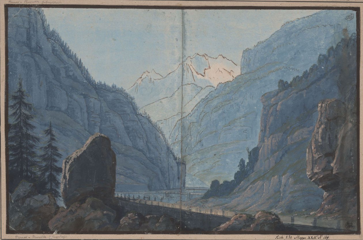 Hermann ja Thusnelda. August von Kotzebuen näytelmä. Luonnos 5. lavastusta varten. Vuoristotie tekijältä Karl Friedrich Schinkel