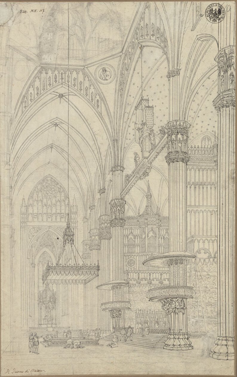 "Milanon katedraalin poikkilaivan sisänäkymä" / Näkymä Milanon katedraalin ristikeskukseen ja pohjoiseen poikkilaivaan tekijältä Karl Friedrich Schinkel