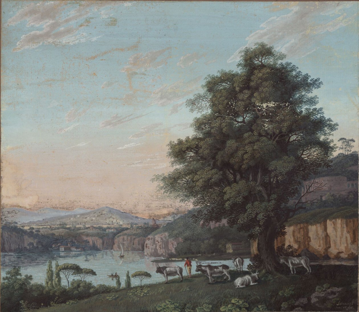 Italialainen ihannemaisema, jossa on puu, lauma ja vuoria tekijältä Karl Friedrich Schinkel