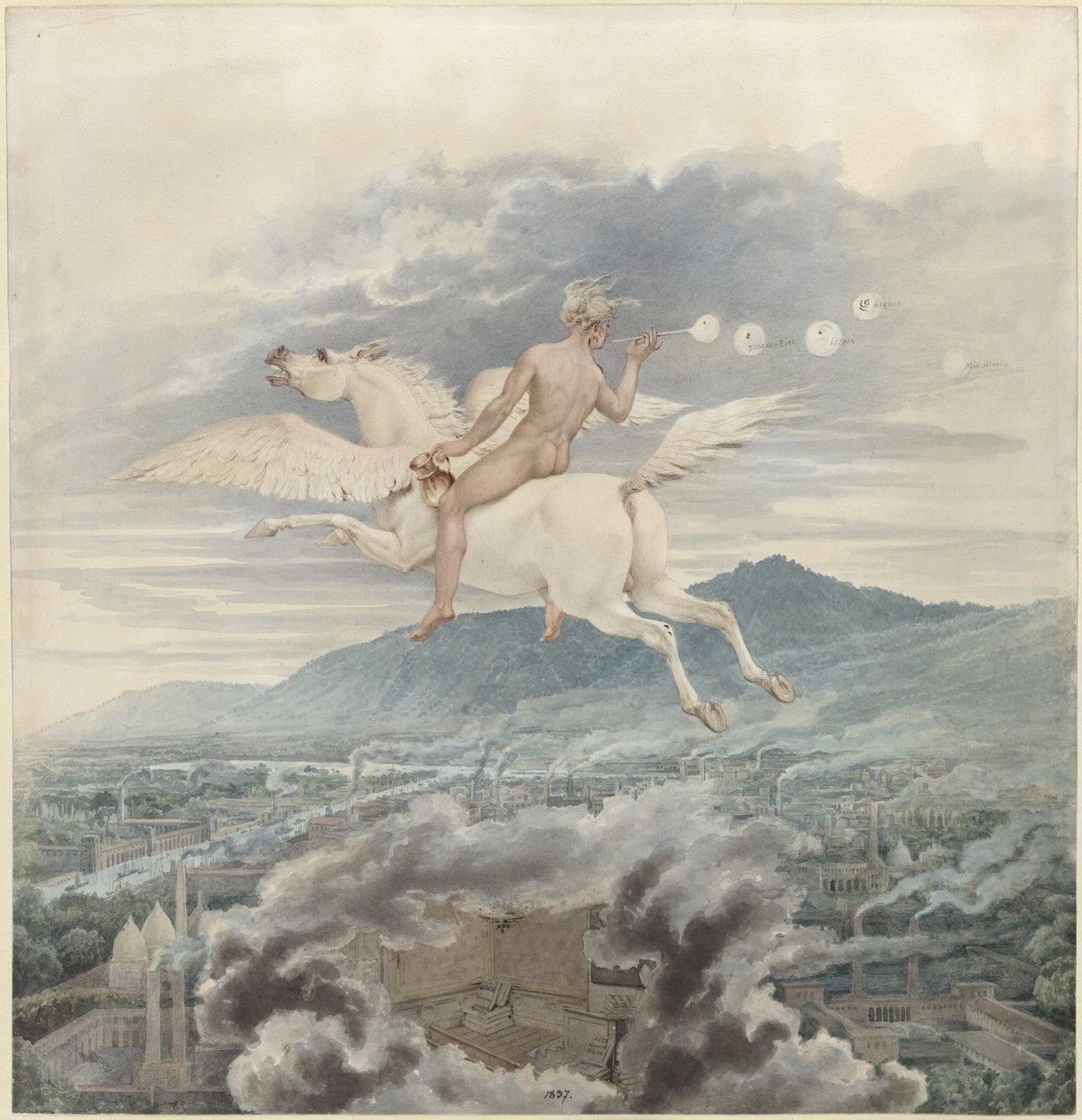 Karl Friedrich Schinkel – Naishahmo puhaltamassa kuplia, allegoriana Christian Peter Wilhelm Beuthista, joka ratsastaa Pegasuksella teollisuuskaupungin yllä – 1837 tekijältä Karl Friedrich Schinkel