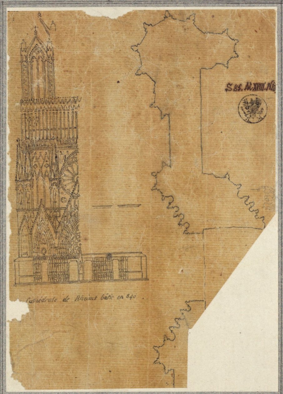 Kathedrale von Reims. Teilansicht der Westfassade und Grundriss tekijältä Karl Friedrich Schinkel