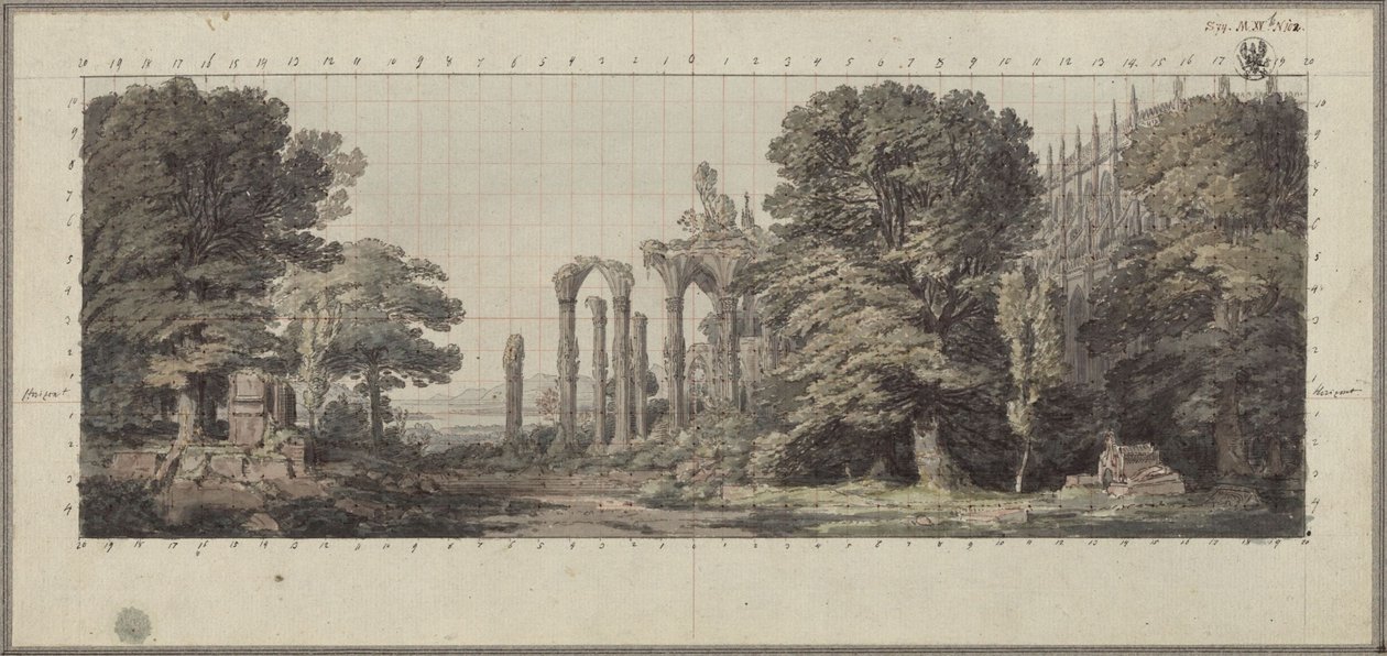 Kirkko ja goottilaisen luostarin rauniot puiden alla tekijältä Karl Friedrich Schinkel