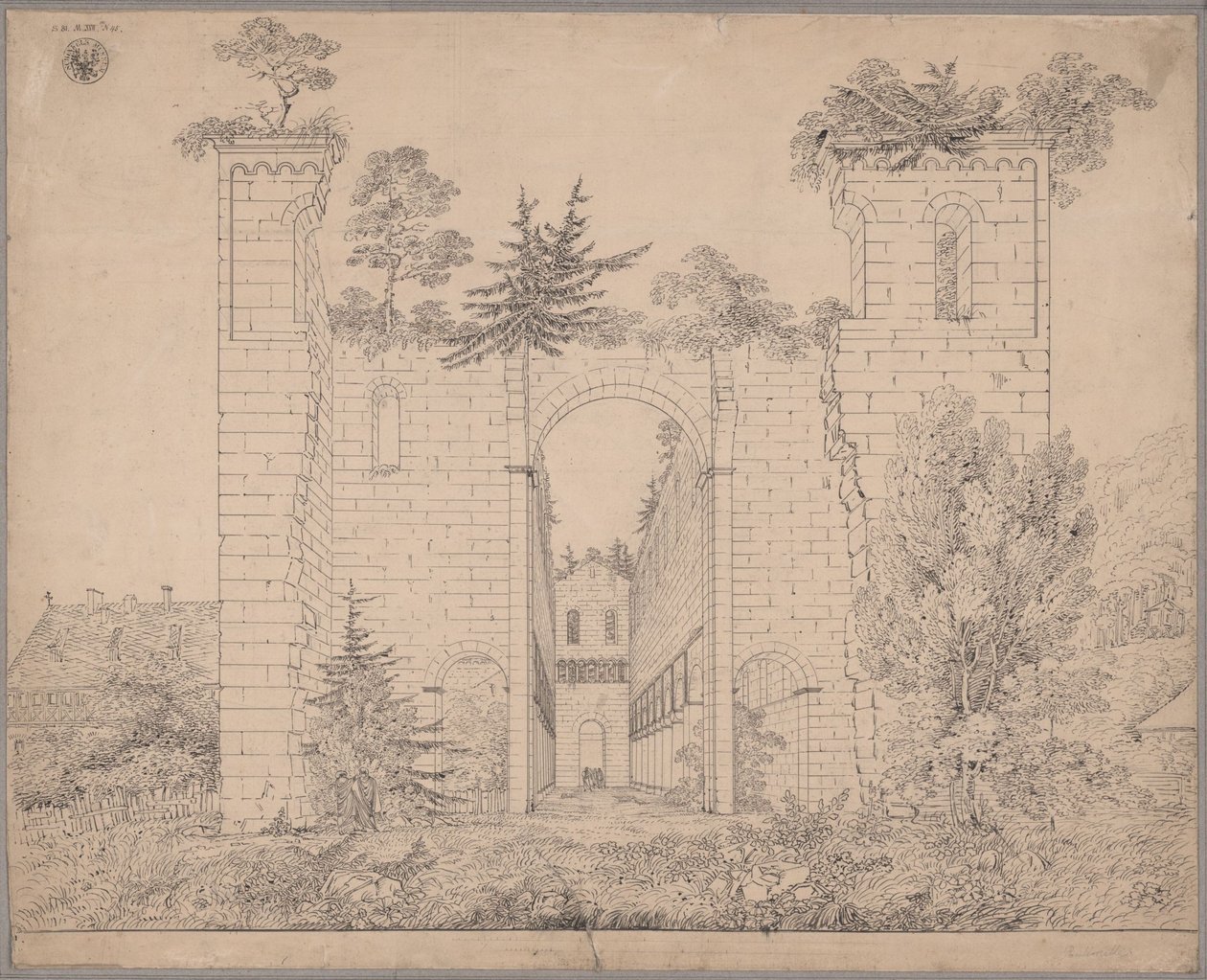 Paulinzellan luostarin rauniot. Näkymä kirkon keskilaivaan idästä tekijältä Karl Friedrich Schinkel