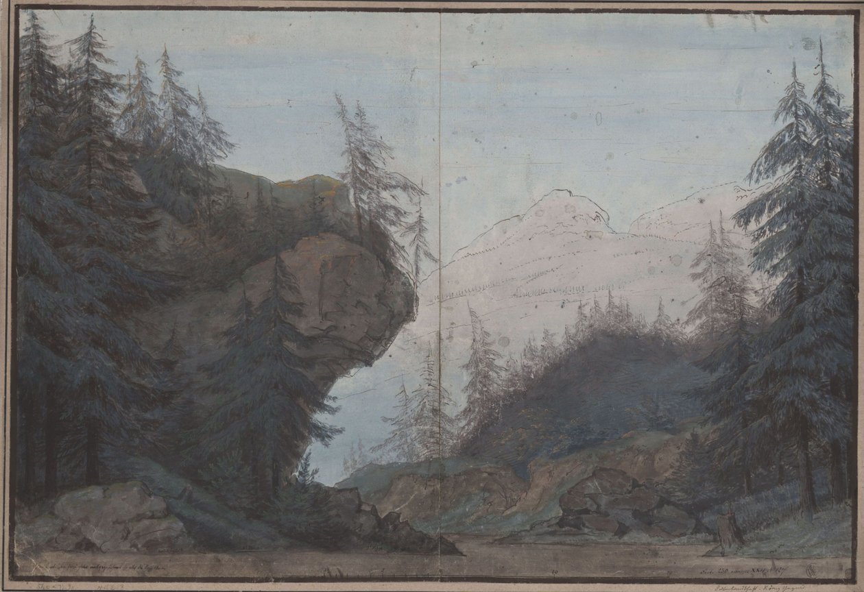 Kuningas Yngurd. Adolf Müllnerin tragedia. Luonnos 3. lavastukseen. Metsämaisema tekijältä Karl Friedrich Schinkel