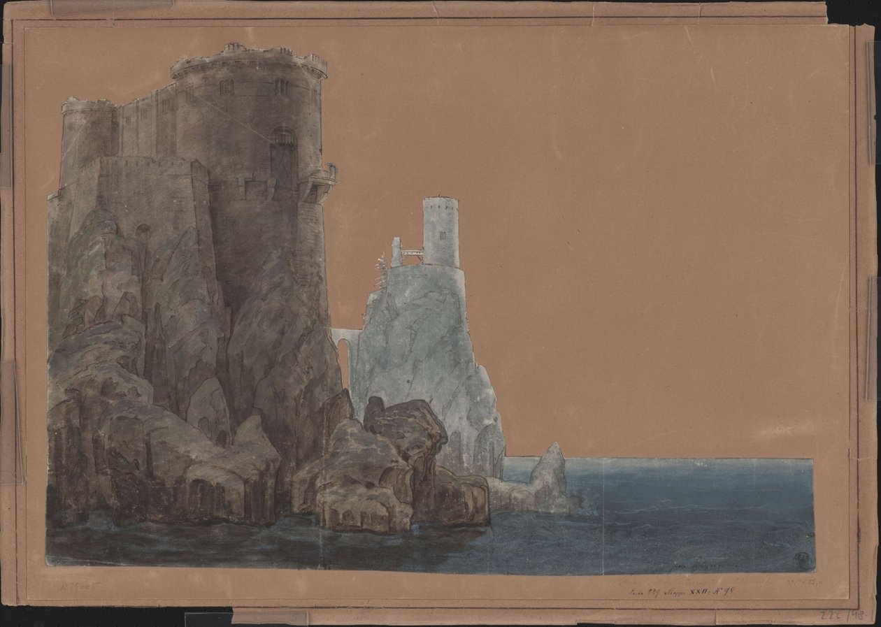 Kuningas Yngurd. Adolf Müllnerin murhenäytelmä. Luonnos 4. lavastusta varten. Torni, jossa on kuoleman portti meren rannalla tekijältä Karl Friedrich Schinkel
