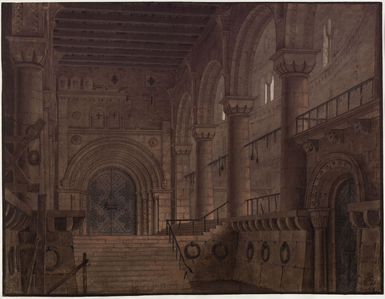 Kuningas Yngurd. Adolf Müllnerin tragedia. Luonnos 5. lavastukseen. Tornin sali, jossa on Kuoleman portti tekijältä Karl Friedrich Schinkel