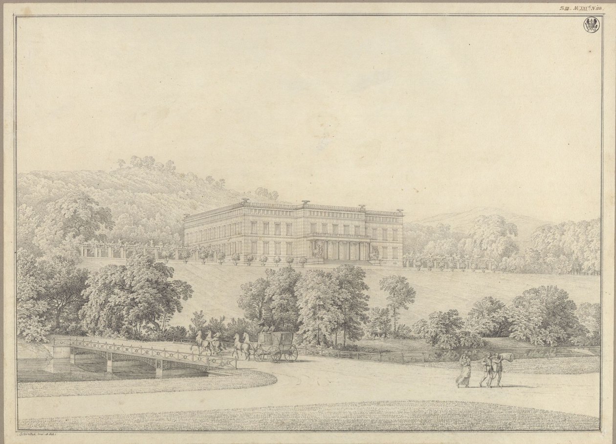 Kressendorf (Krzeszowice) Krakovan lähellä. Linna. Perspektiivikuva tekijältä Karl Friedrich Schinkel