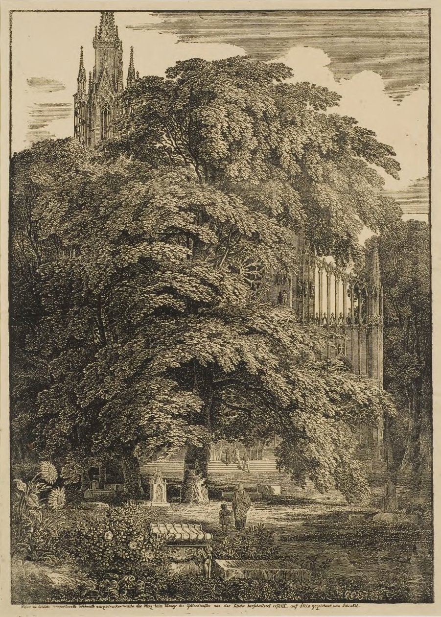 Hautausmaa goottilaisen katedraalin ulkopuolella tekijältä Karl Friedrich Schinkel