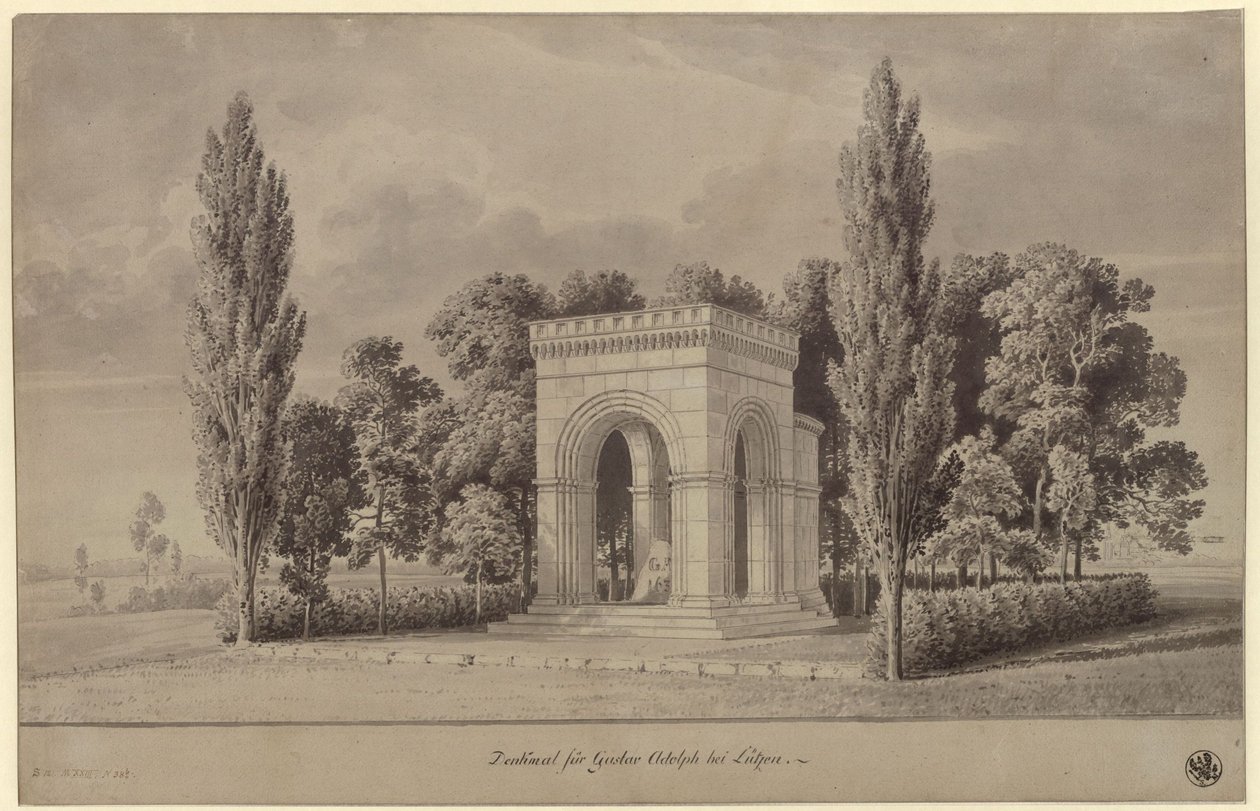 Lützen. Luonnos Ruotsin kuningas Kustaa II Aadolfille omistetuksi muistomerkiksi, joka on Schwedensteinin ylle rakennettu apsiksella varustettu romaaninen halli. Näkymä tekijältä Karl Friedrich Schinkel
